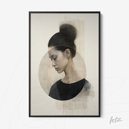 framed wall art featuring a contemporary female portrait in a minimalist composition with natural tones background