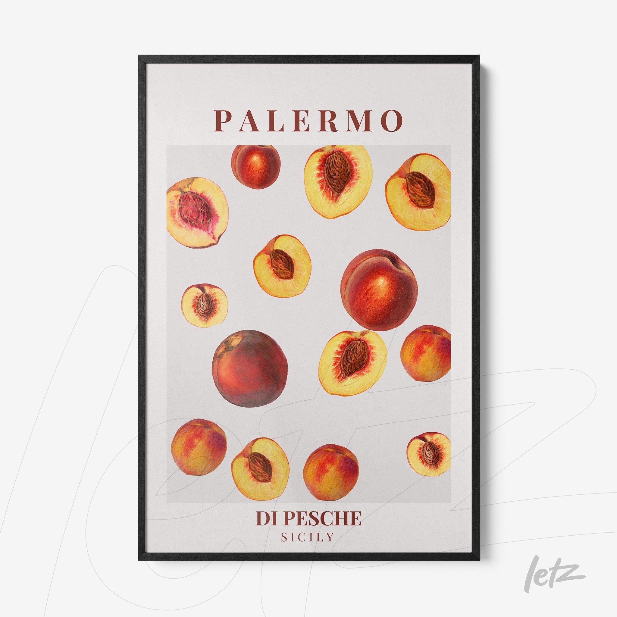 framed art featuring illustrations of peaches on a white background with text 'Palermo di pesche Sicily'