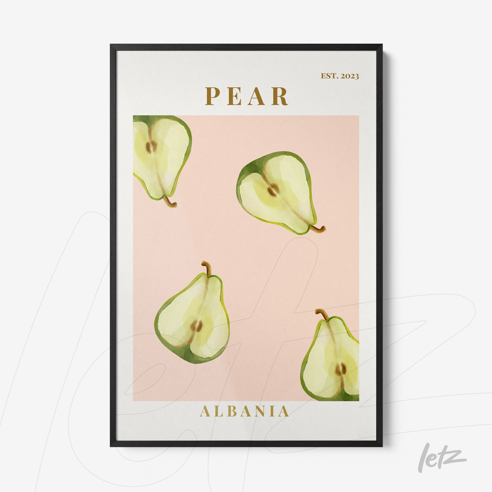 framed artwork featuring pears on pink background with black frame