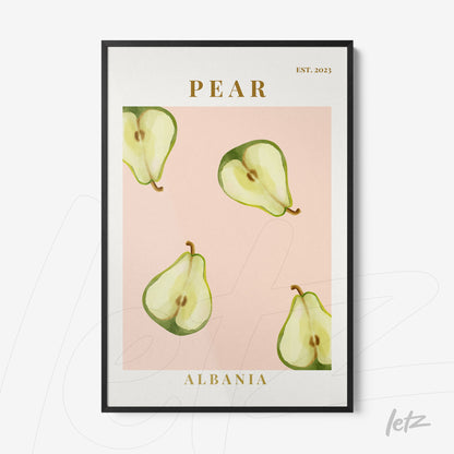 framed artwork featuring pears on pink background with black frame