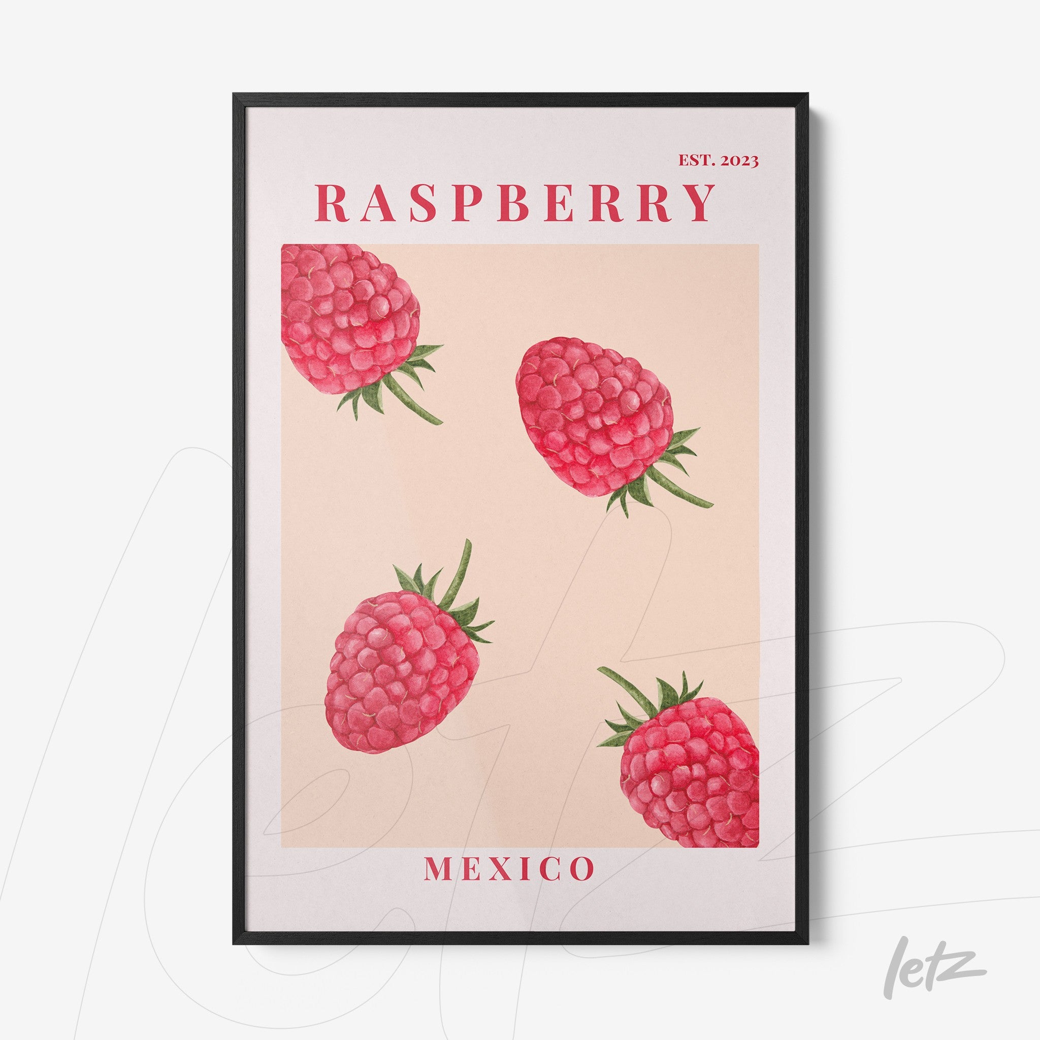 framed wall art featuring red raspberries on a nude background with 'MEXICO' text