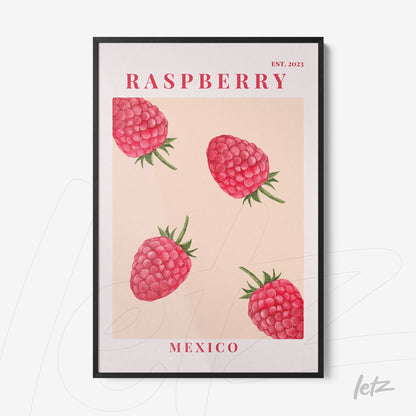 framed wall art featuring red raspberries on a nude background with 'MEXICO' text