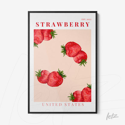 framed wall art featuring strawberries on a pink background with text 'STRAWBERRY UNITED STATES EST. 2023'