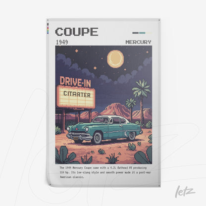 framed wall art featuring a retro style illustration of a 1949 Mercury Coupe with a desert background and a drive-in theater sign