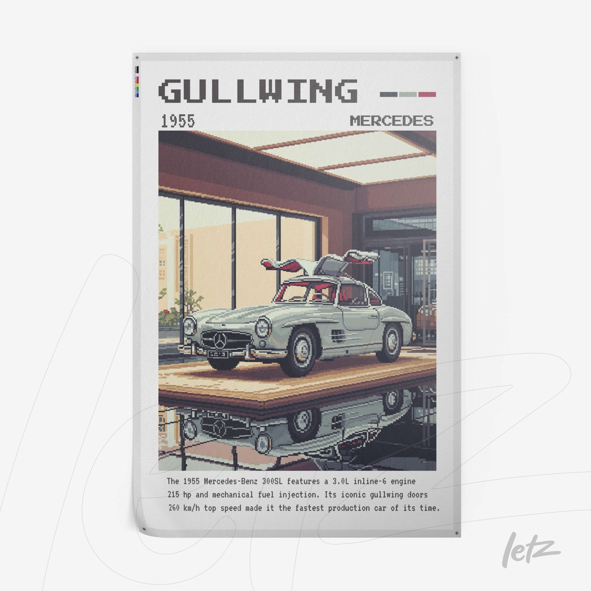 pixel art illustration of a 1955 Mercedes Gullwing car with a minimalist background
