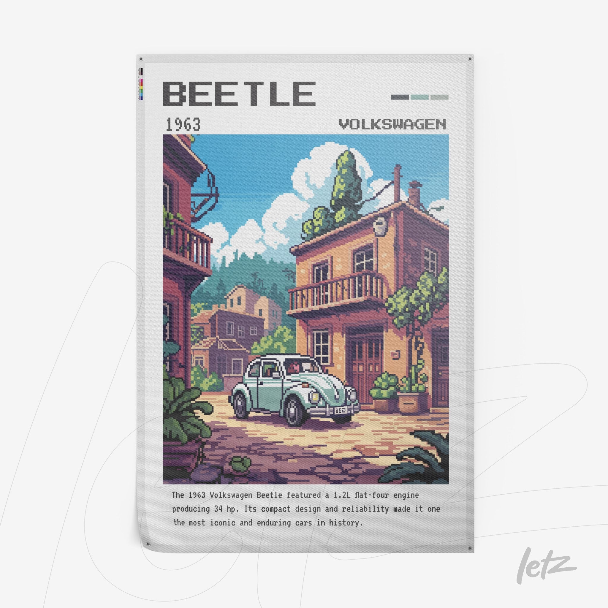 pixel art of a 1963 volkswagen beetle parked in an urban scene featuring vintage buildings