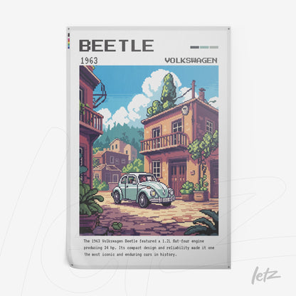 pixel art of a 1963 volkswagen beetle parked in an urban scene featuring vintage buildings