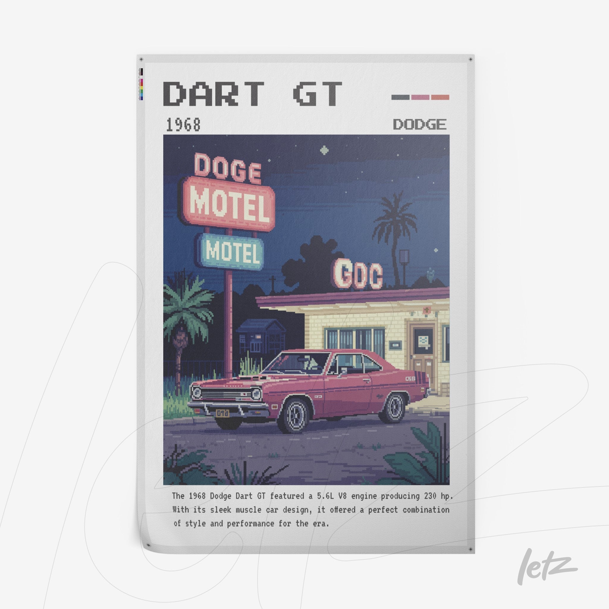 framed retro illustration of Dodge Dart GT in front of a neon motel, featuring vibrant colors and pixel art style