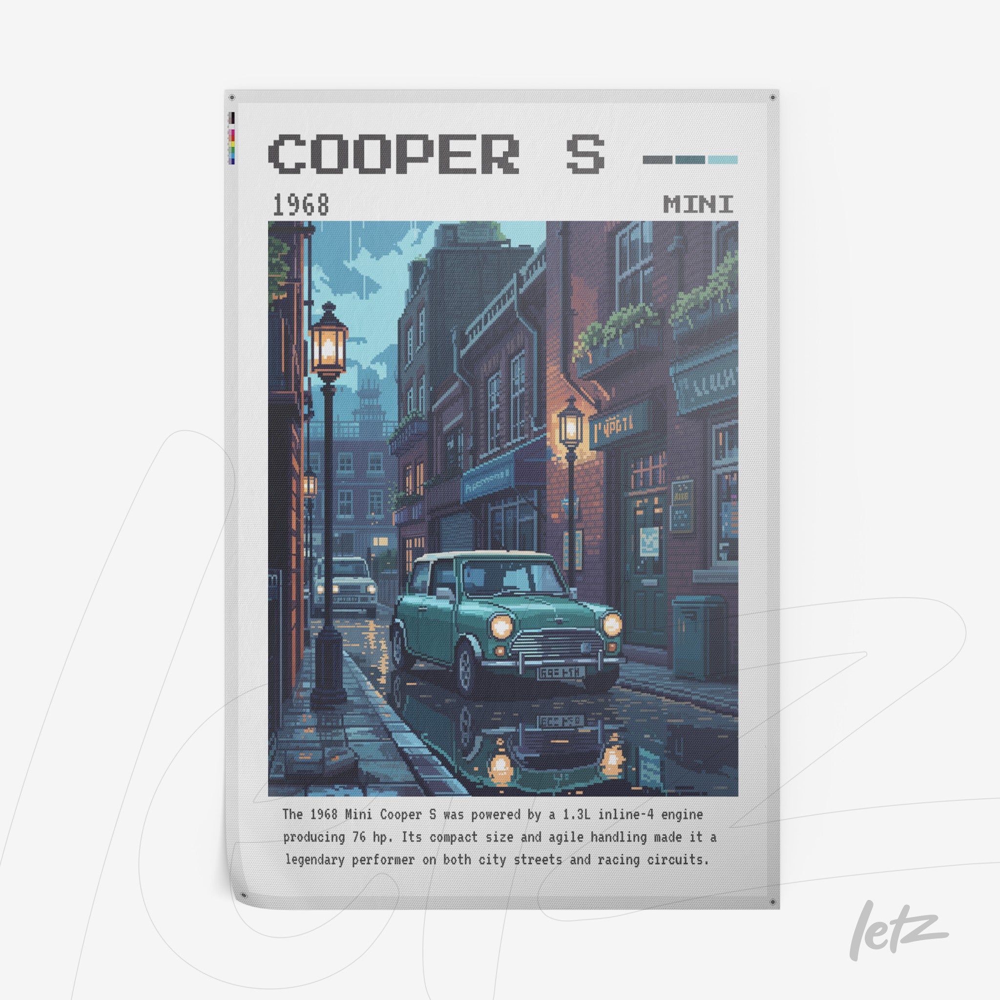 framed illustration of a vintage street scene featuring a 1968 Mini Cooper S under a lantern in a nighttime setting
