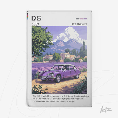 pixel art of a 1969 Citroën DS in a rural landscape with mountains in the background