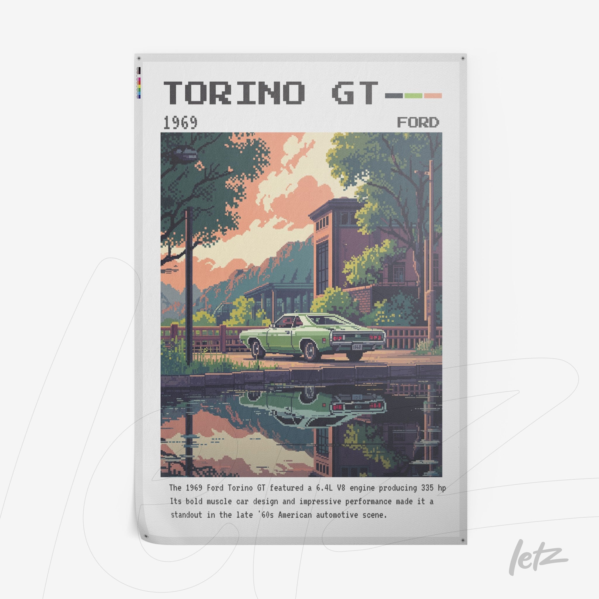 pixel art of a 1969 Ford Torino GT in an urban setting