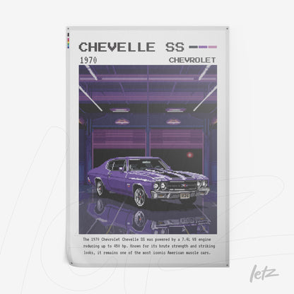 digital poster featuring pixel art of 1970 Chevelle SS car with a retro background