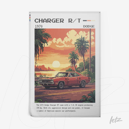 pixel art poster of a red Dodge Charger R/T car against a sunset at the beach, with a white frame