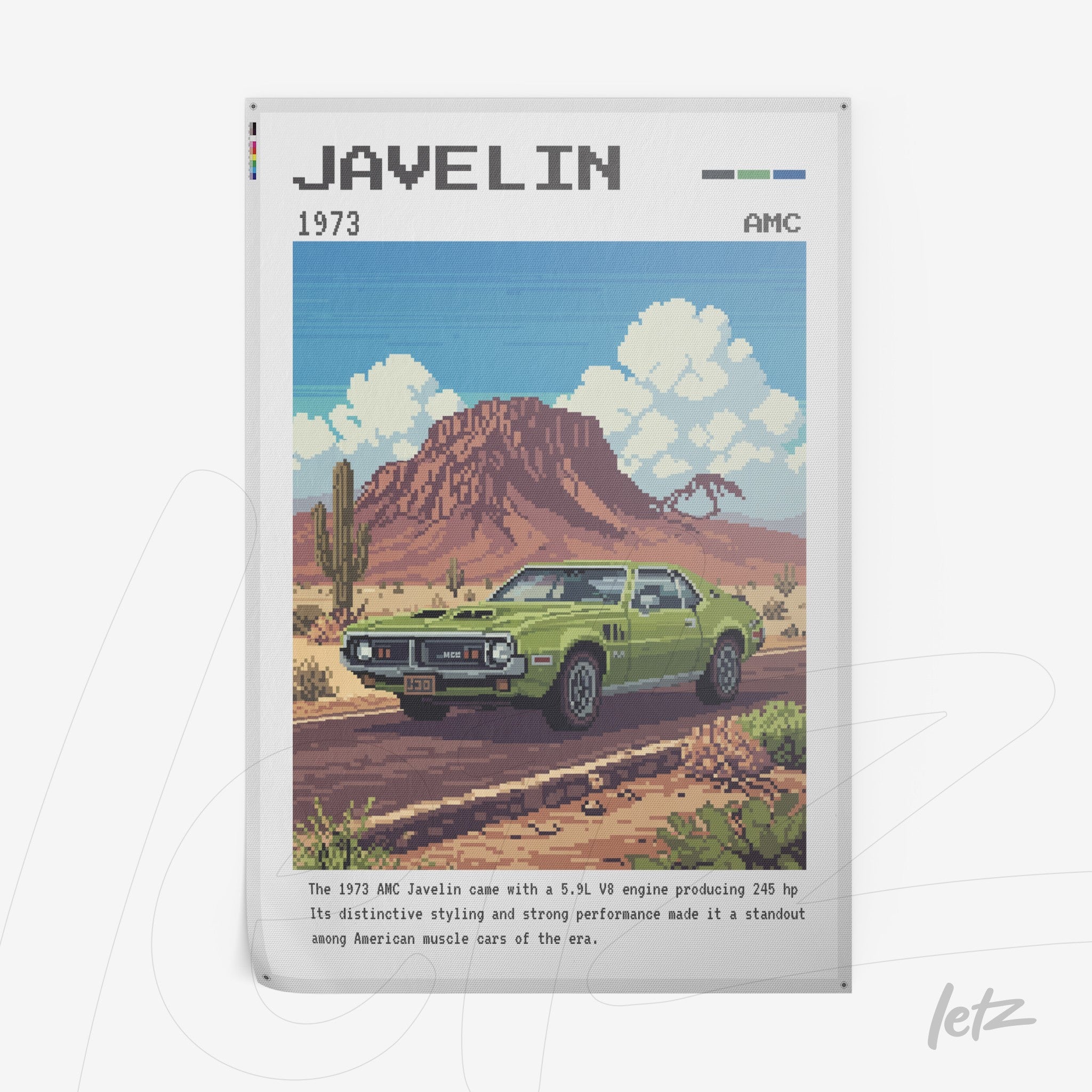 pixel art of a green Javelin car in a desert landscape with mountains in the background