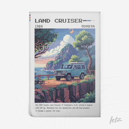 pixel art poster of 1984 Toyota Land Cruiser against a scenic landscape