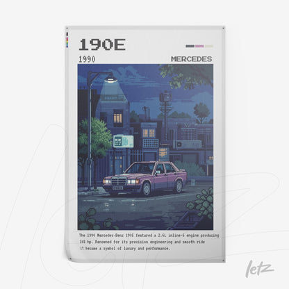 pixel art print of a Mercedes-Benz 190E parked on a neon-lit street at night