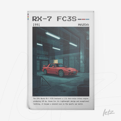 poster print featuring digital art of a 1991 Mazda RX-7 FC3S in a garage with cool lighting