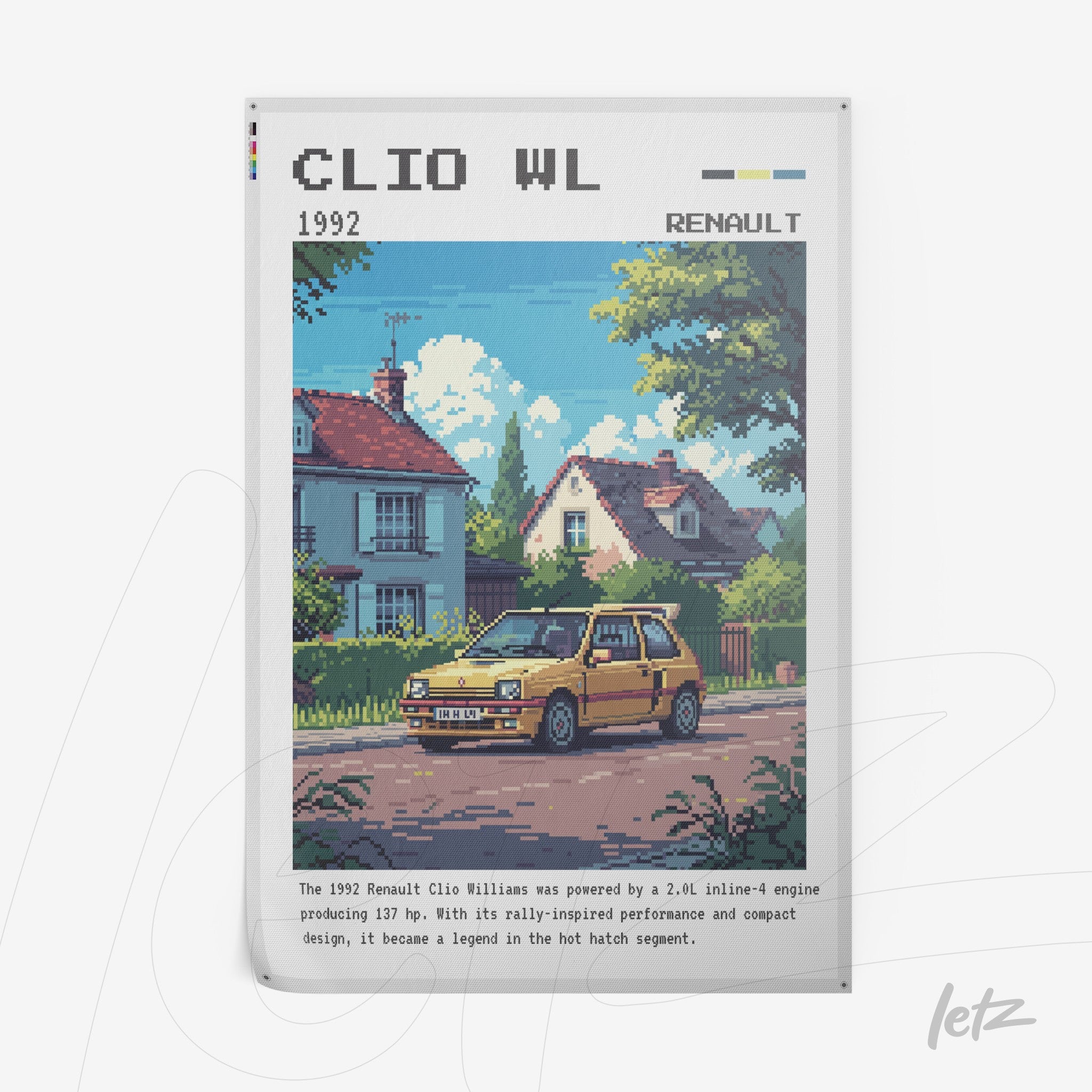 pixel art print of Renault Clio Williams in a suburban street surrounded by houses and trees