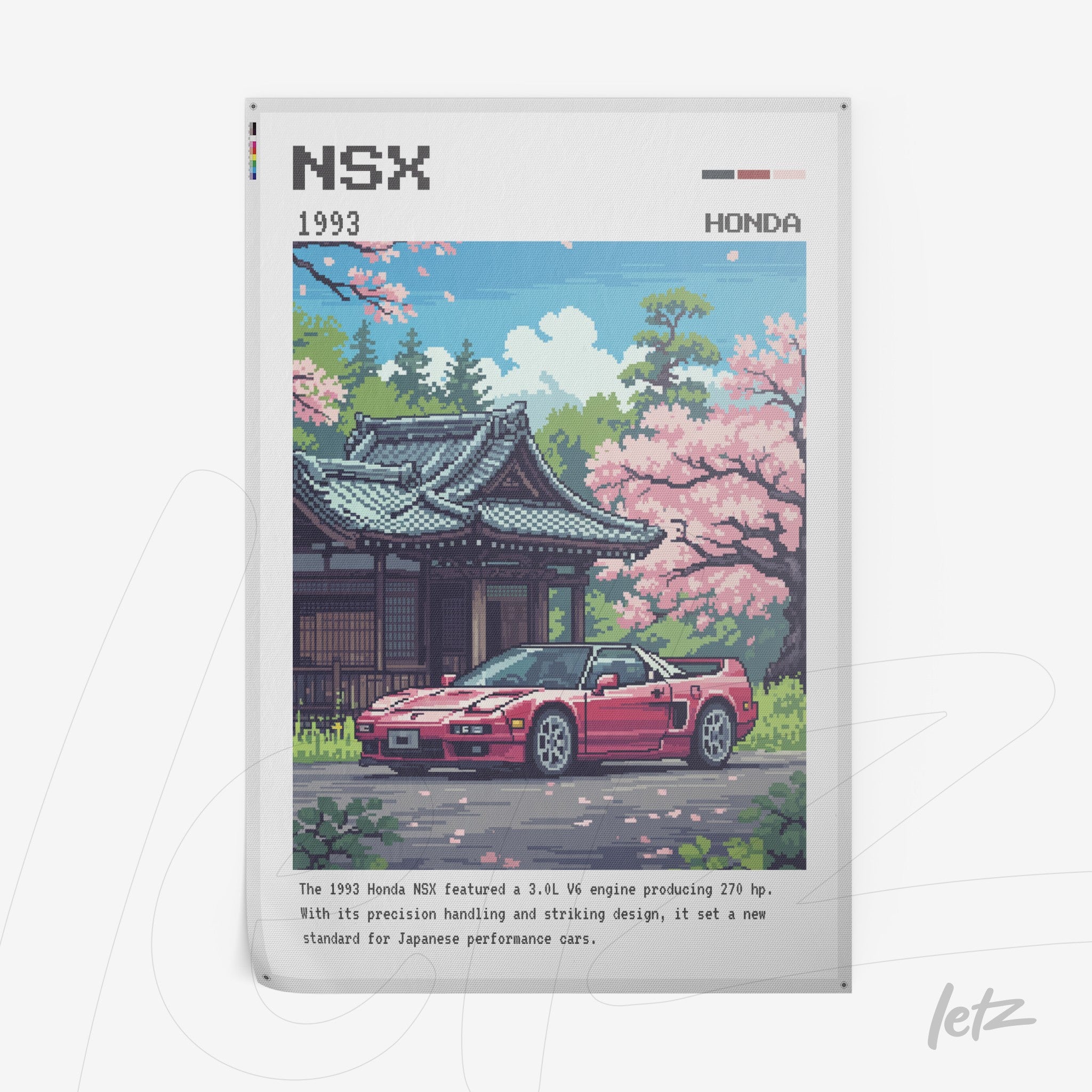 pixel art of a 1993 Honda NSX displayed in front of a Japanese pavilion surrounded by cherry blossom trees