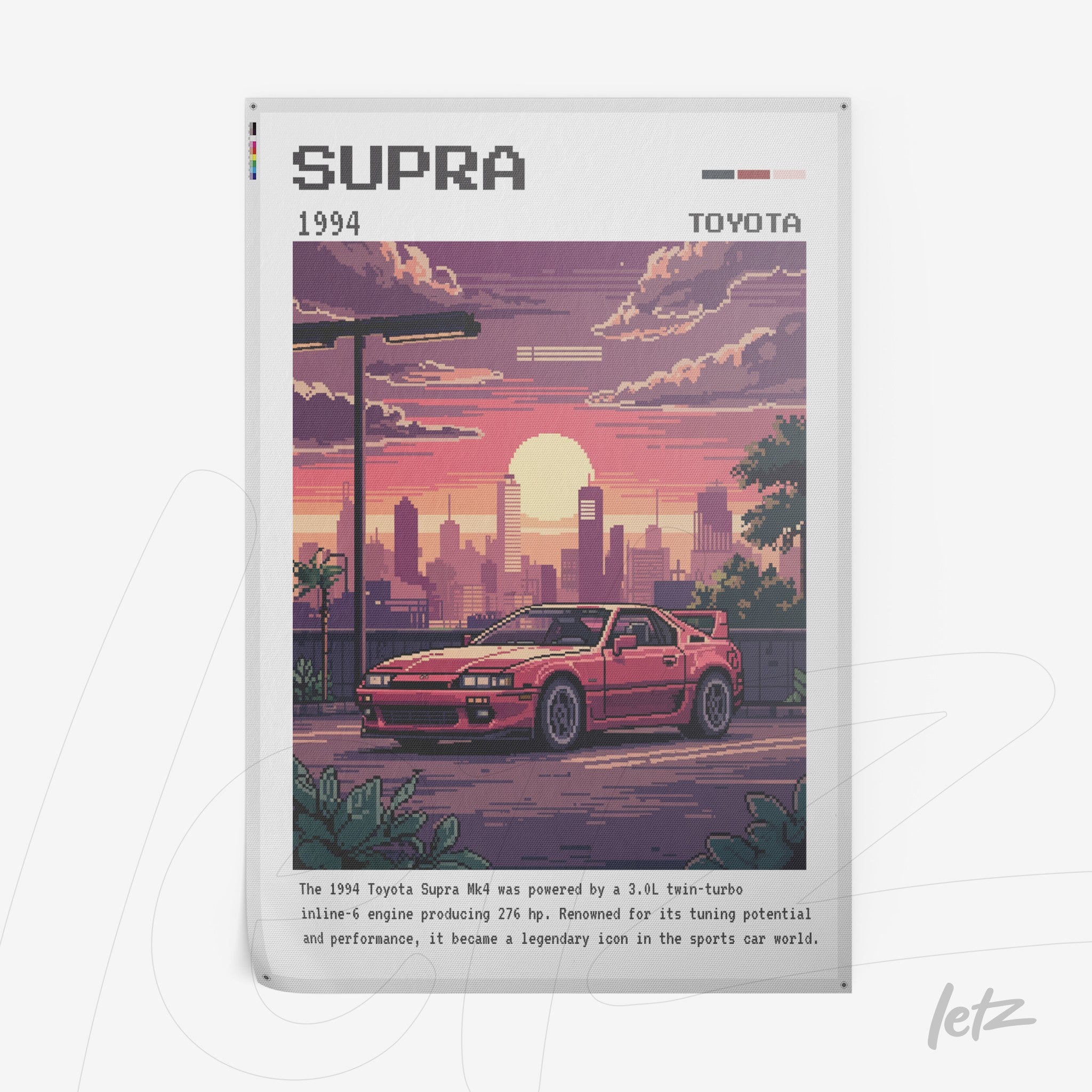 pixel art poster of a red Toyota Supra in the city during sunset, featuring vintage details and top typography