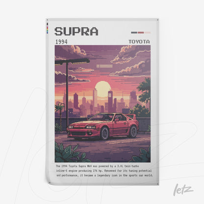 pixel art poster of a red Toyota Supra in the city during sunset, featuring vintage details and top typography