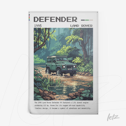 pixel art print of Land Rover Defender in a natural landscape