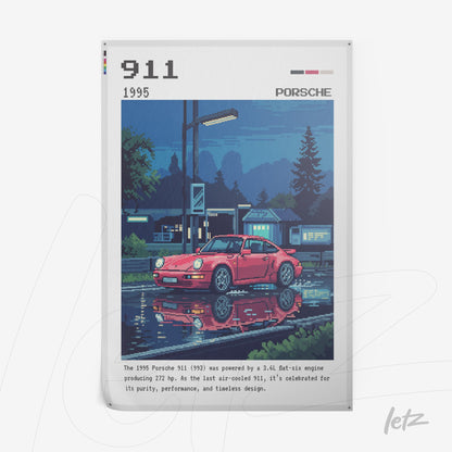 digital art of a red Porsche 911 reflecting in a puddle under a gas station light at night in pixel art style