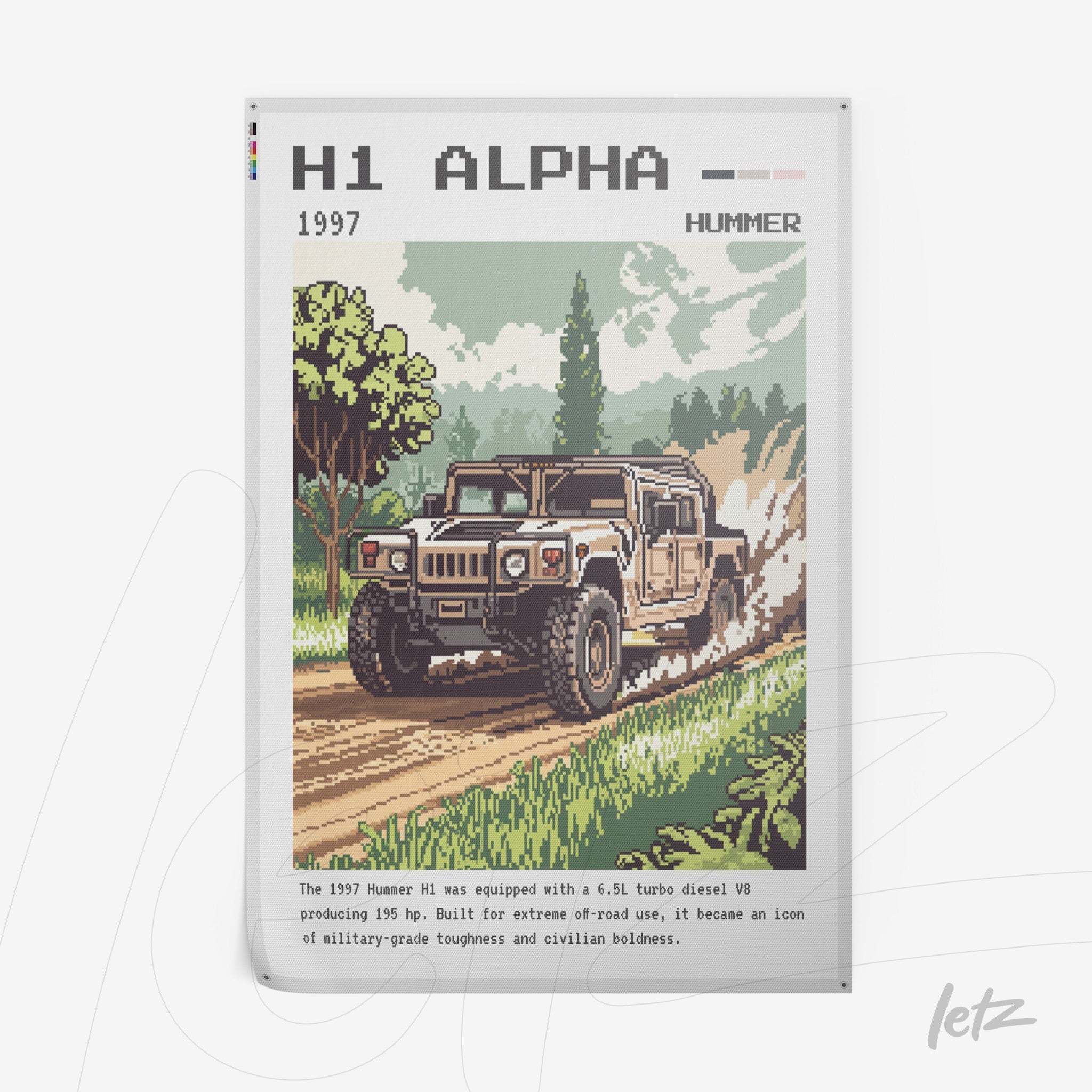 pixel art wall art featuring a 1997 Hummer H1 driving on a road surrounded by trees, designed in a retro style with a green background