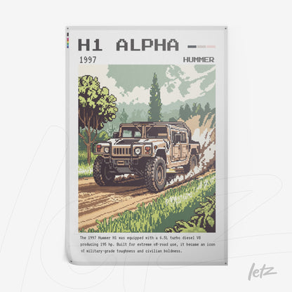 pixel art wall art featuring a 1997 Hummer H1 driving on a road surrounded by trees, designed in a retro style with a green background