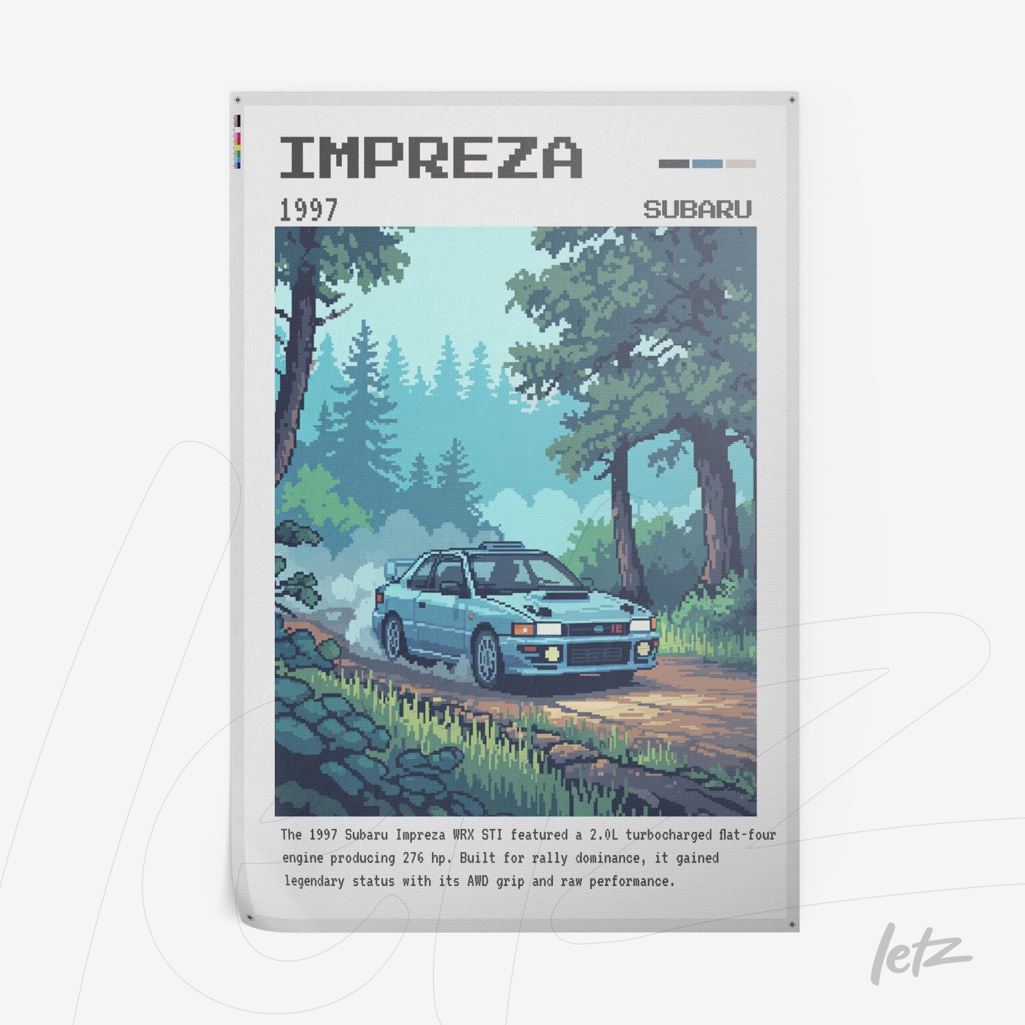 pixel art of a 1997 Subaru Impreza set in a forest background