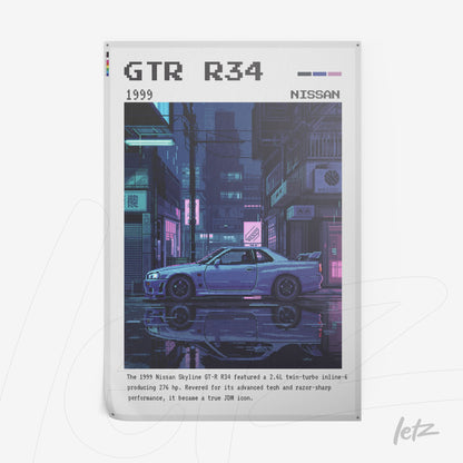 digital art print of the nissan skyline gt-r r34 in retro style, featuring a nighttime cityscape illuminated by neon lights