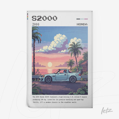pixel art of a Honda S2000 sports car against a sunset landscape