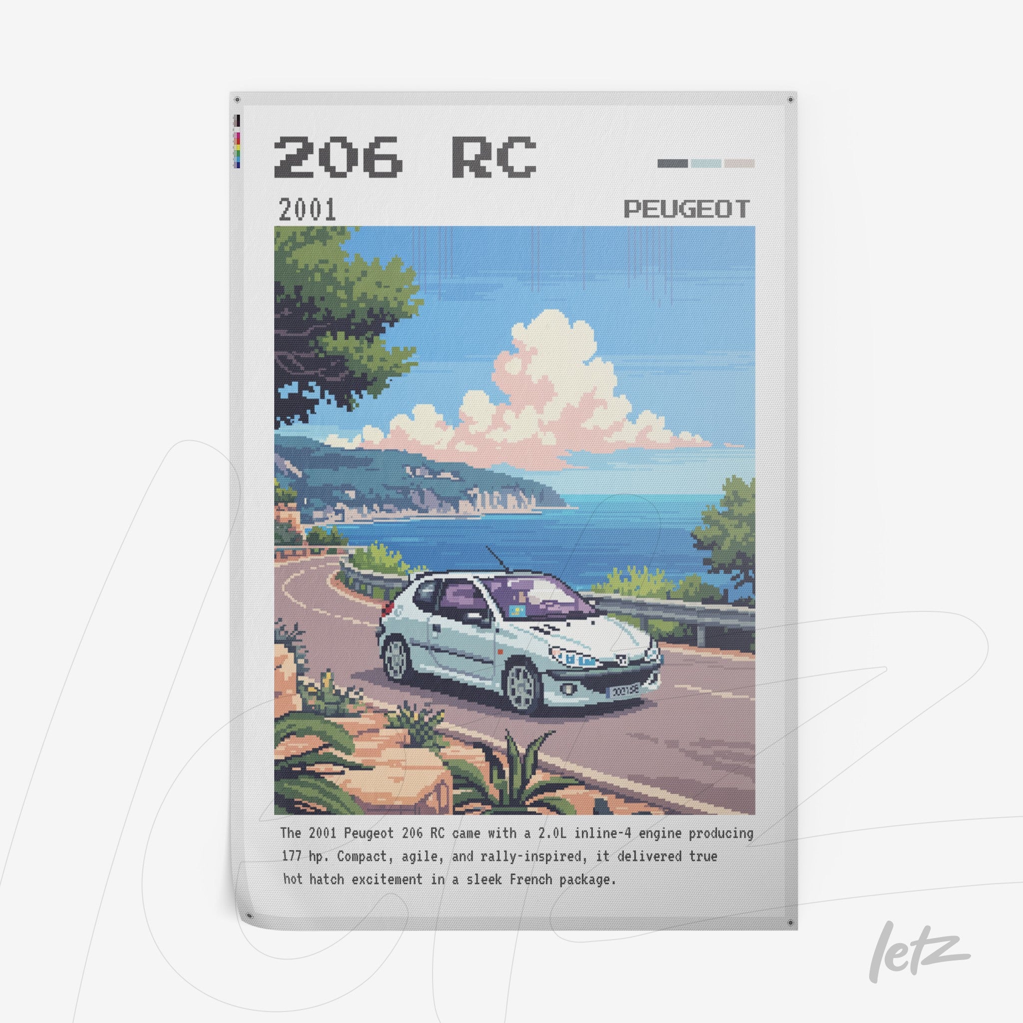 pixel art wall decor featuring a Peugeot 206 RC on a coastal road, with a blue sky and white clouds