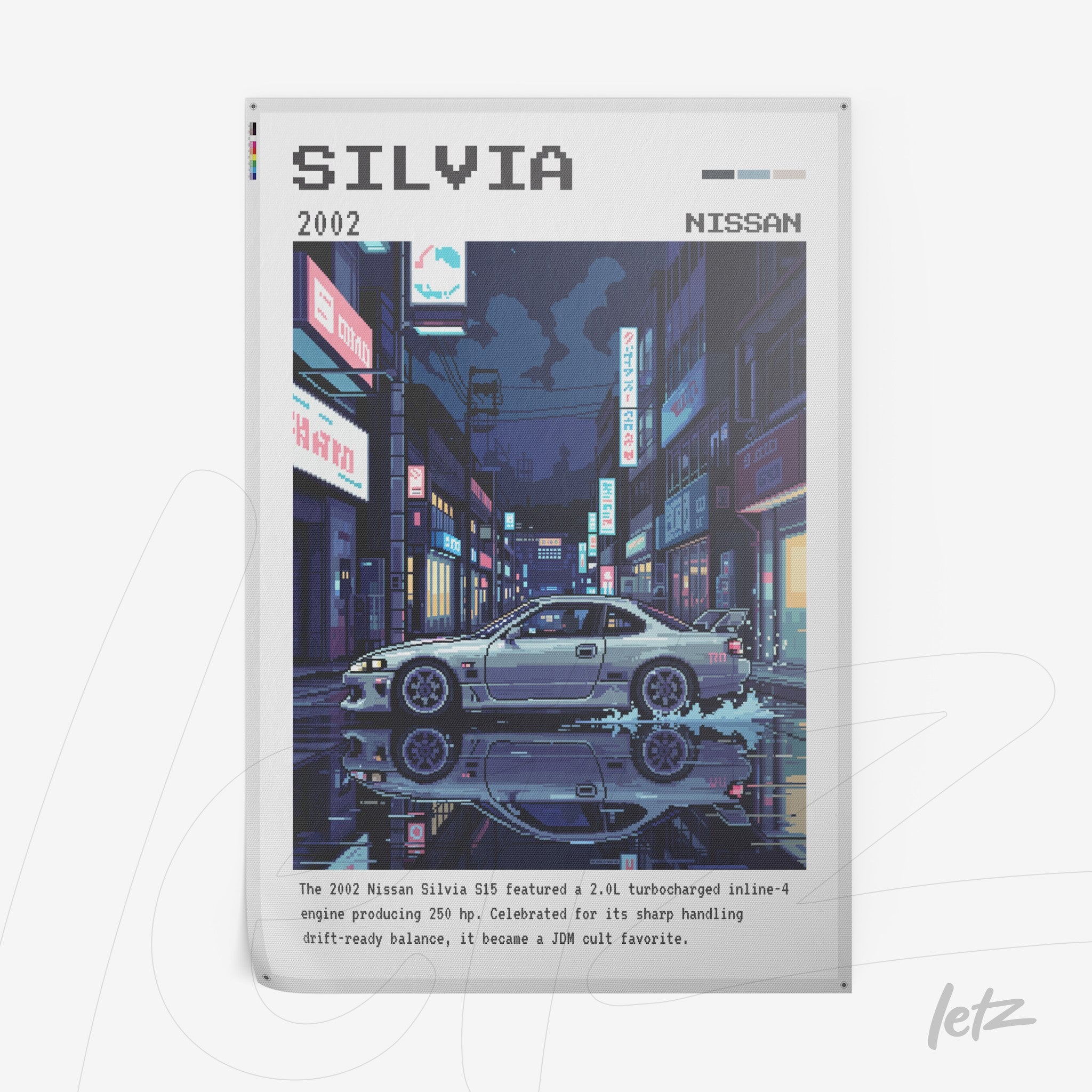 pixel art illustration of the 2002 Nissan Silvia car, showcased in a vibrant nighttime urban setting with illuminated buildings