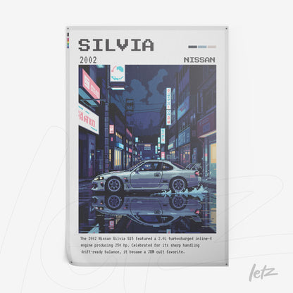 pixel art illustration of the 2002 Nissan Silvia car, showcased in a vibrant nighttime urban setting with illuminated buildings