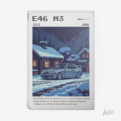 pixel art of a BMW E46 M3 car in a snowy landscape with rustic houses in the background