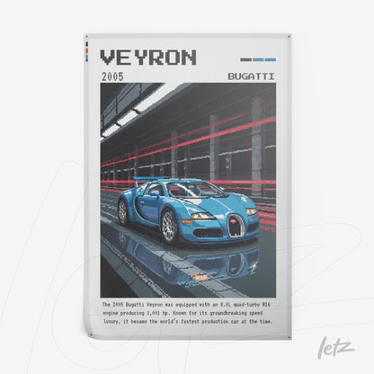 canvas artwork depicting pixel art of the 2005 Bugatti Veyron in an illustrated urban background