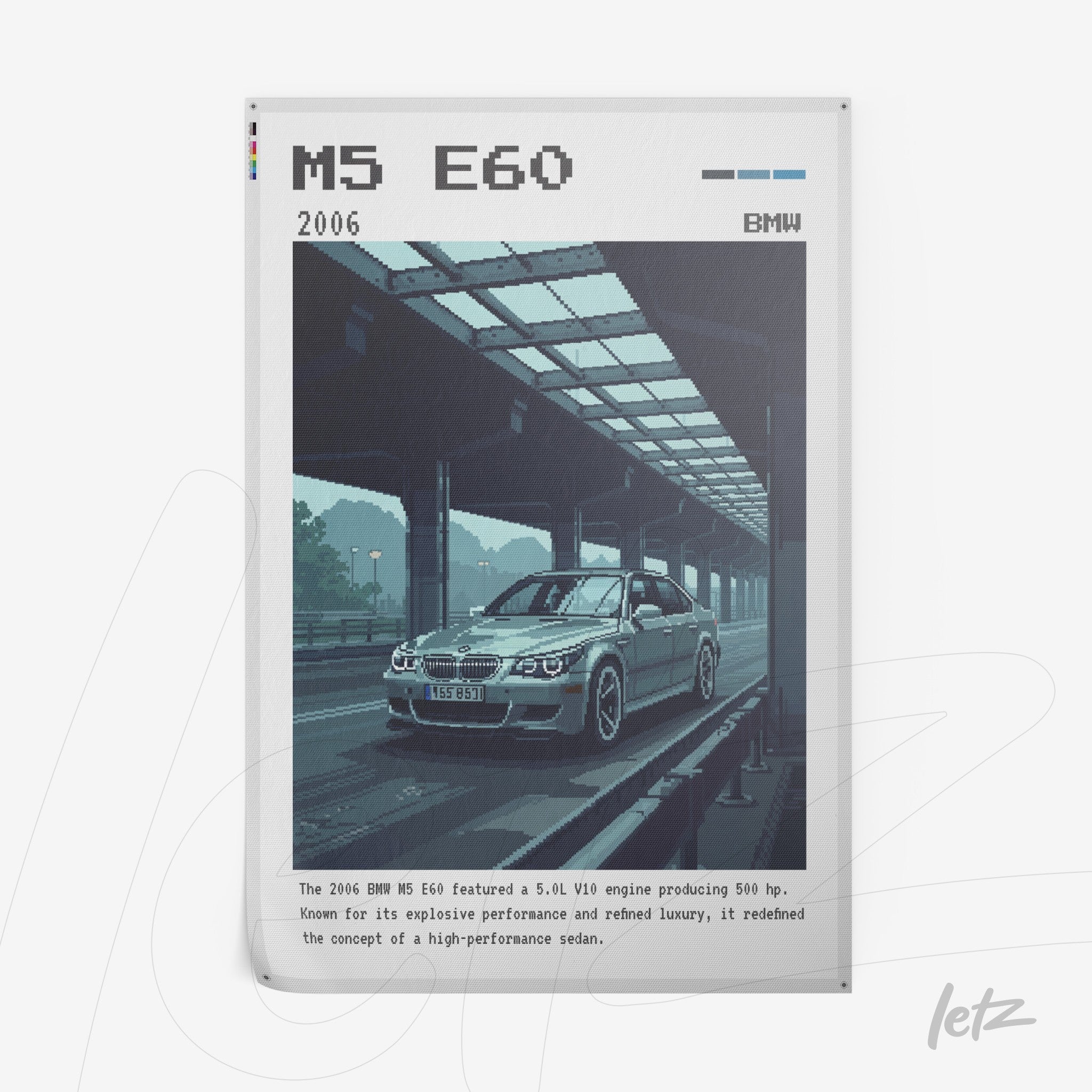 pixel art wall art of BMW M5 E60 car with a station background and informational text at the bottom