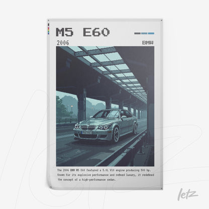 pixel art wall art of BMW M5 E60 car with a station background and informational text at the bottom