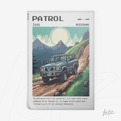 pixel art print of the 2006 Nissan Patrol on a dirt road with mountains in the background