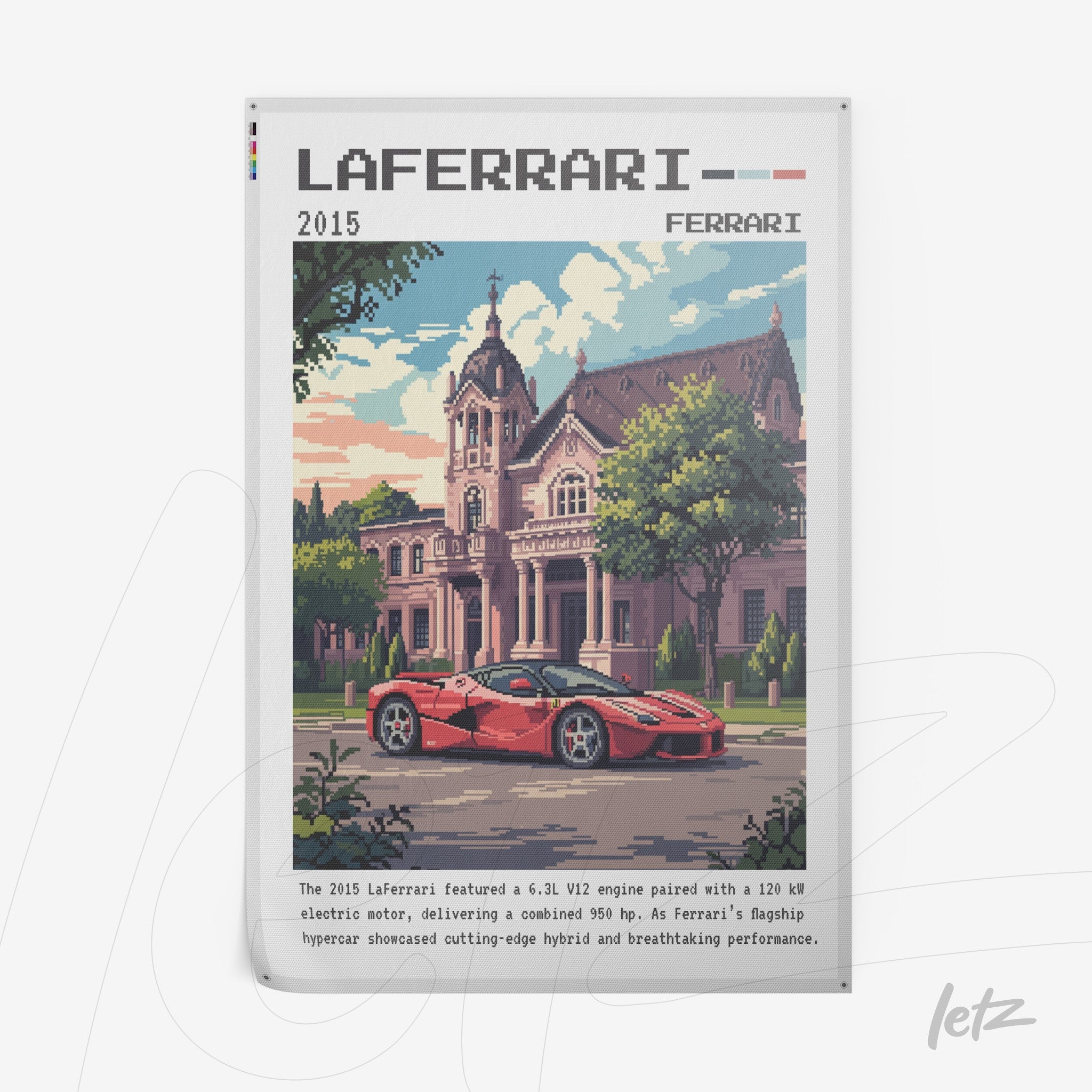 pixel art print of a Ferrari LaFerrari in front of a classic mansion