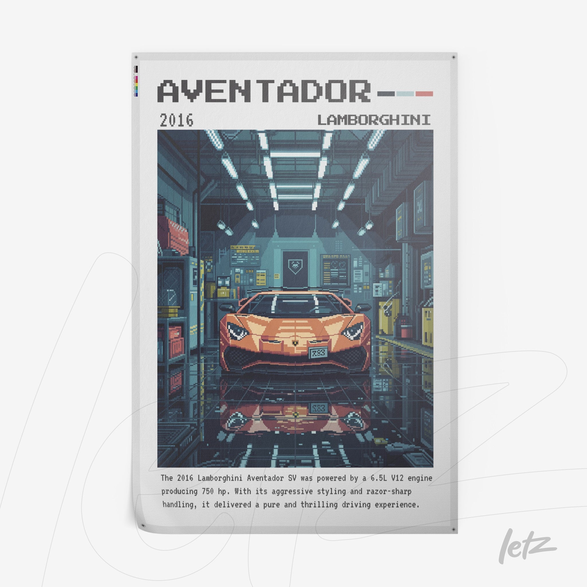 pixel art poster of a 2016 Lamborghini Aventador in a garage with artificial lights