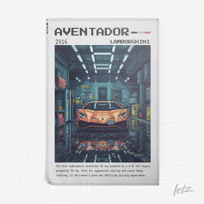 pixel art poster of a 2016 Lamborghini Aventador in a garage with artificial lights