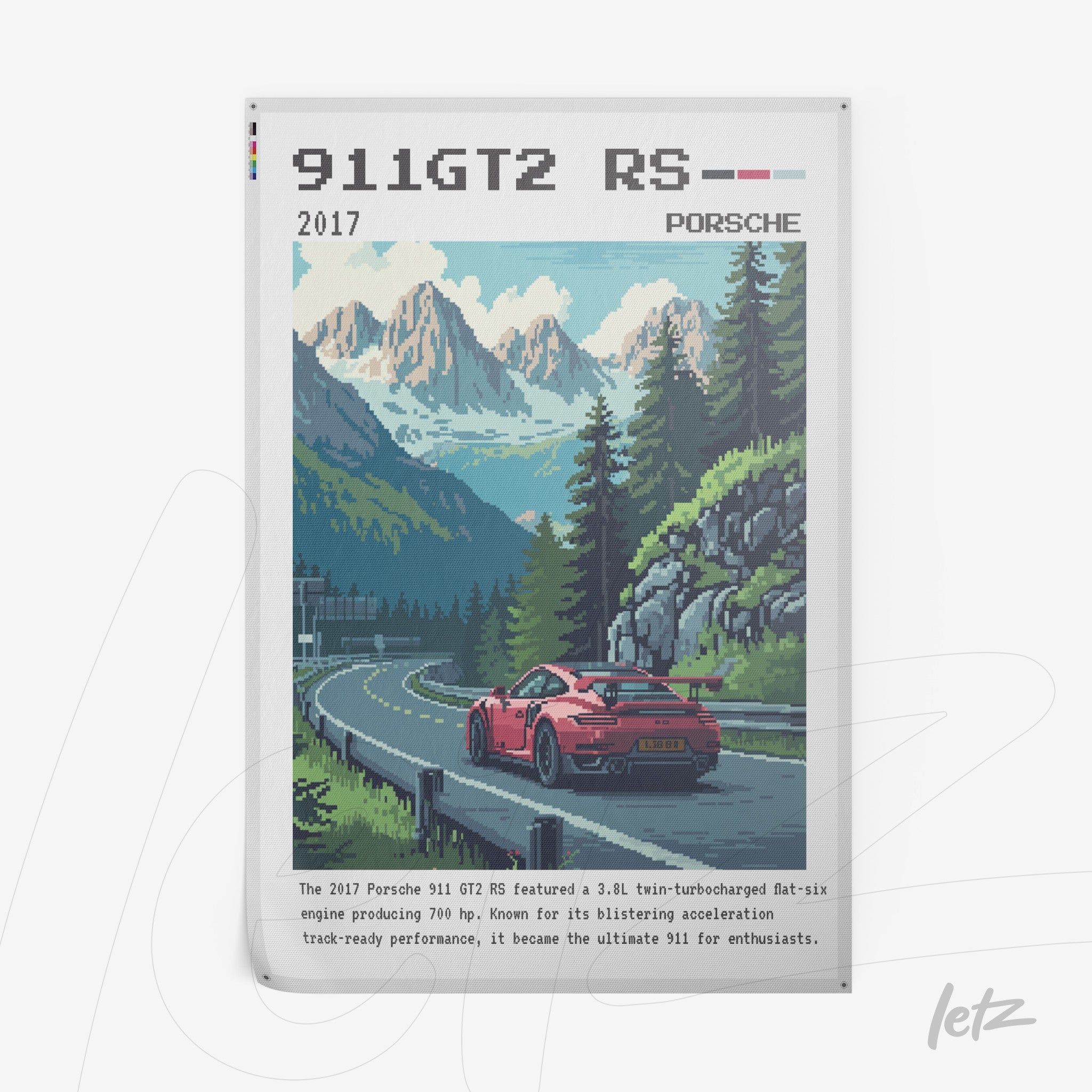 framed digital art of a porsche 911 gt2 rs in pixel art style, set against a mountainous backdrop with a winding road