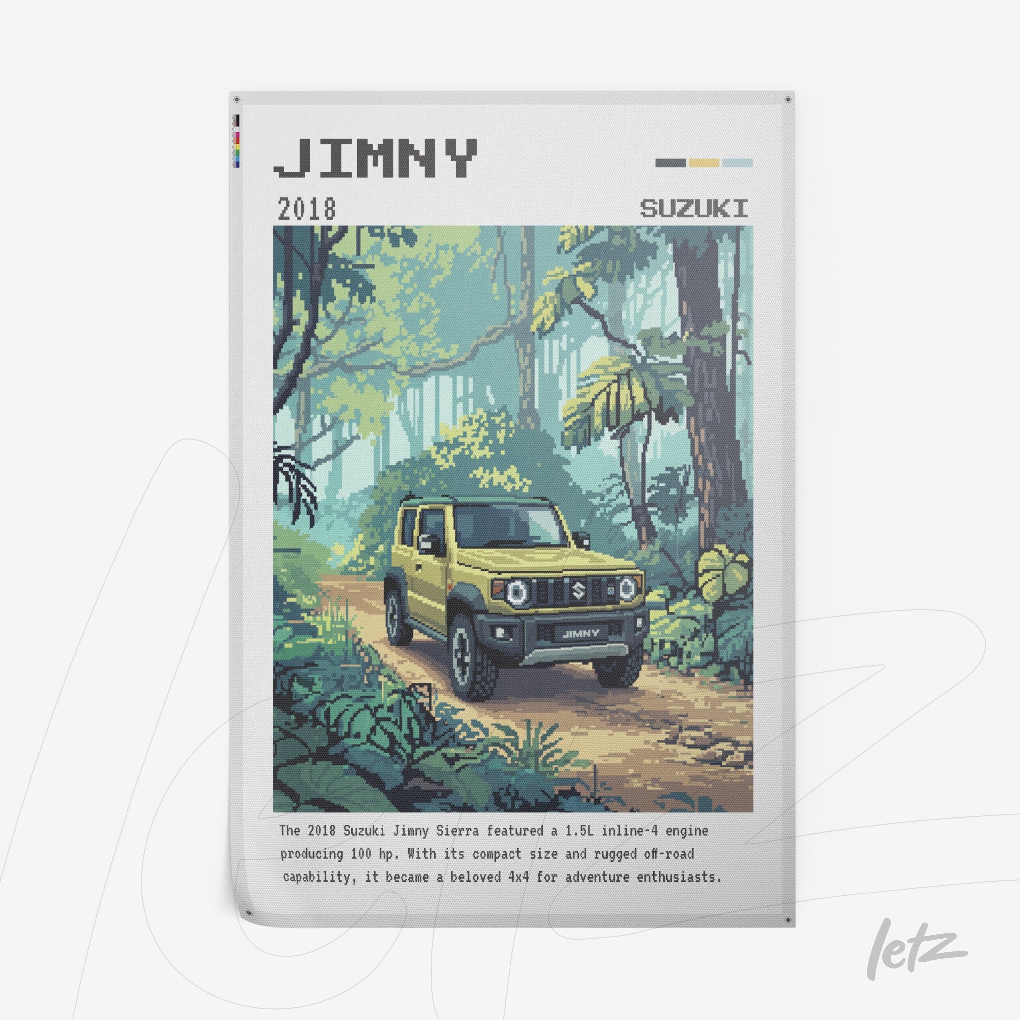 framed pixel art of the 2018 Suzuki Jimny in a tropical forest scene