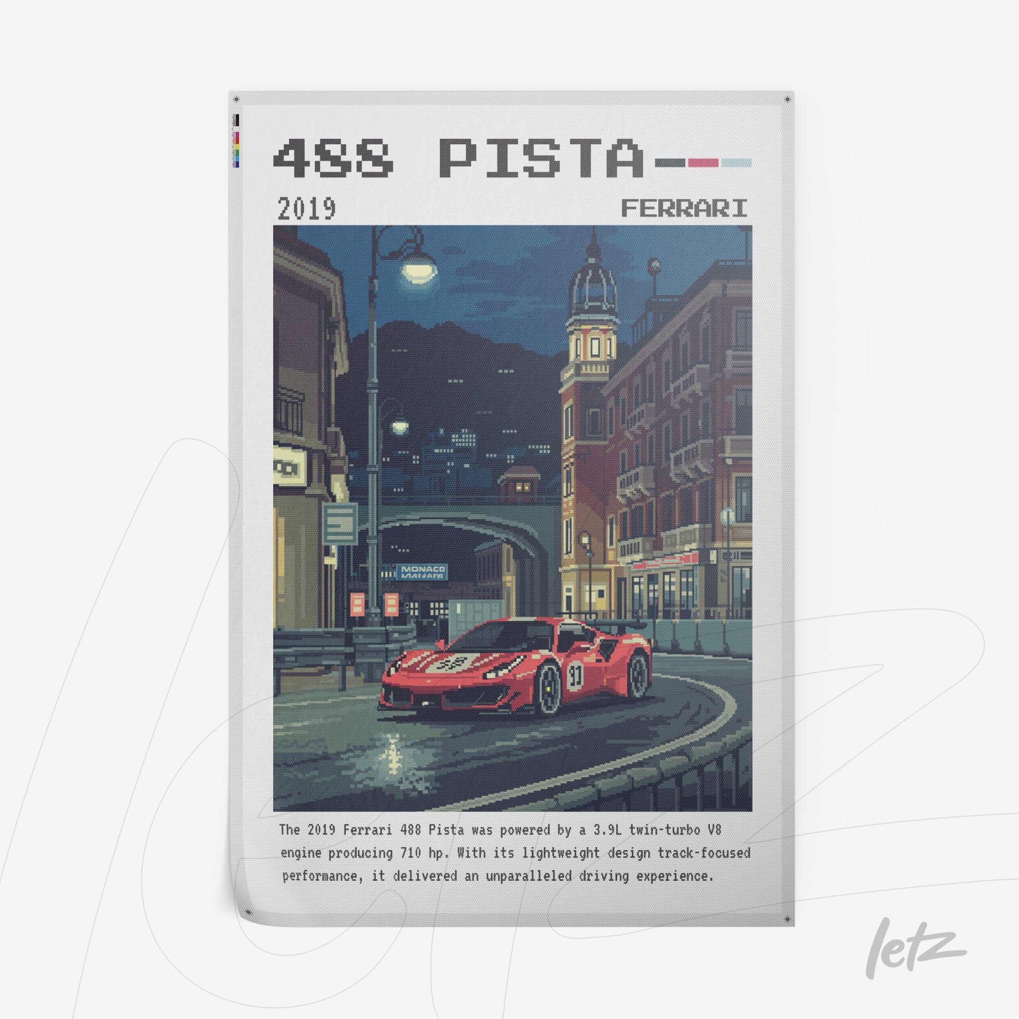 pixel art styled wall art of Ferrari 488 Pista in a city street illuminated at night