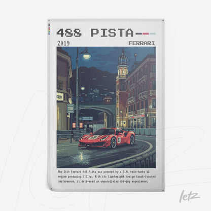 pixel art styled wall art of Ferrari 488 Pista in a city street illuminated at night