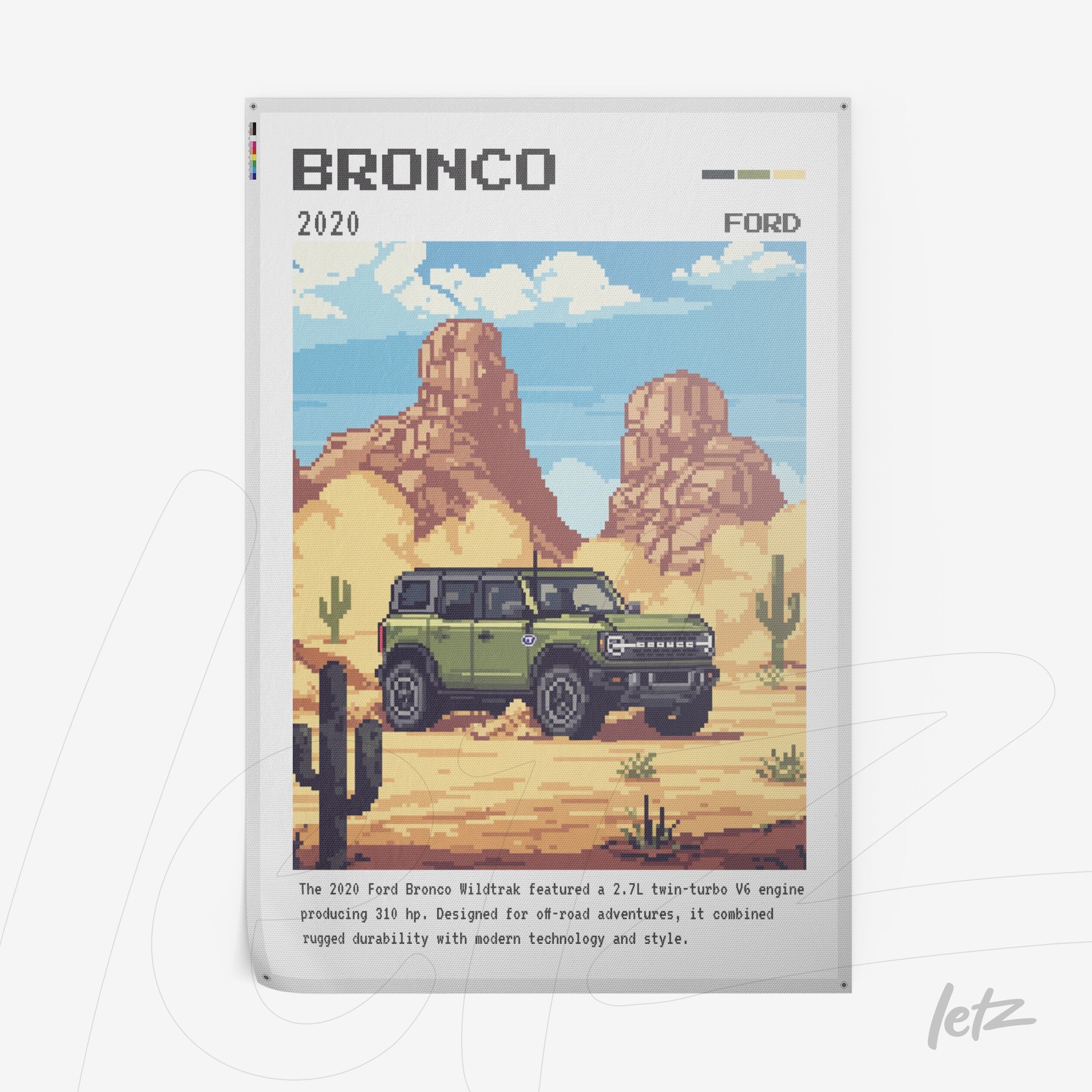 pixel art of the 2020 Ford Bronco set against a desert landscape featuring mountains and cacti