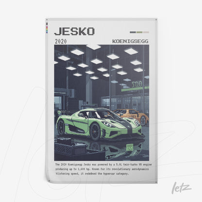digital poster featuring pixel art illustration of Koenigsegg Jesko in a modern garage setting