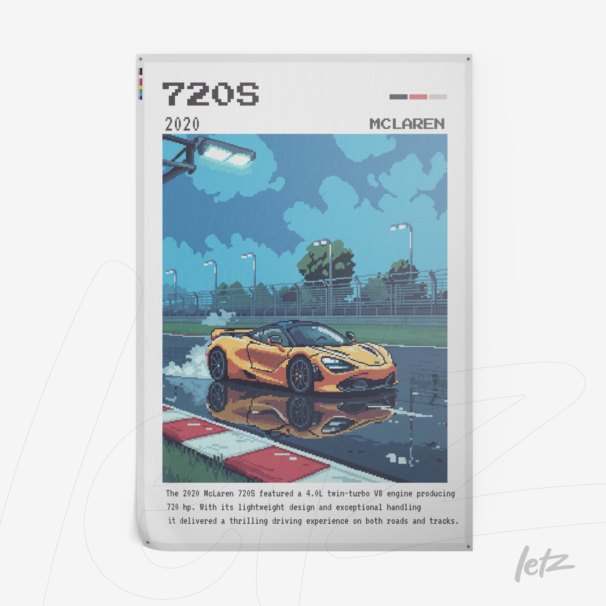 pixel art of a yellow McLaren 720S parked on a race track under a cloudy sky
